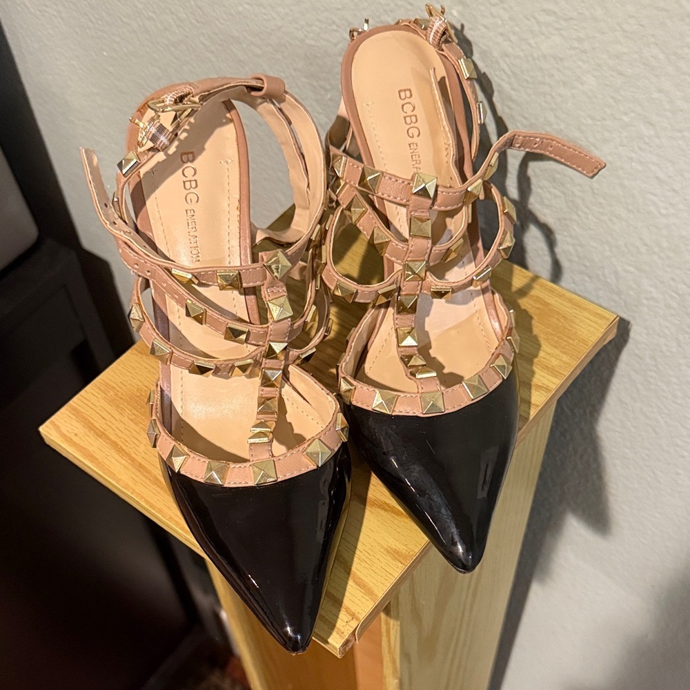 BCBG Black and Tan Heels with Gold Studs